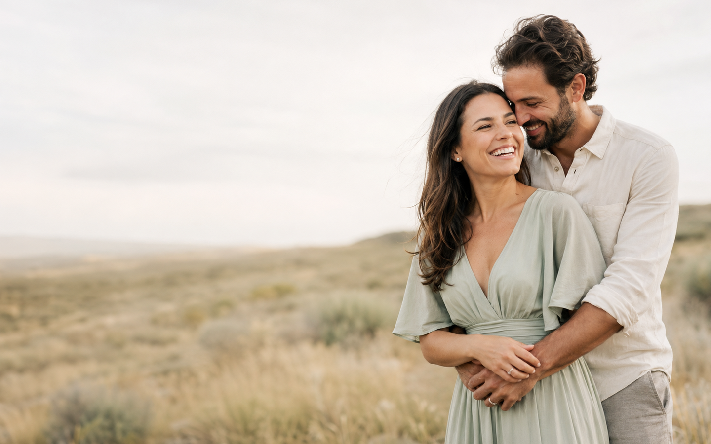 A couple laughing together in soft natural light